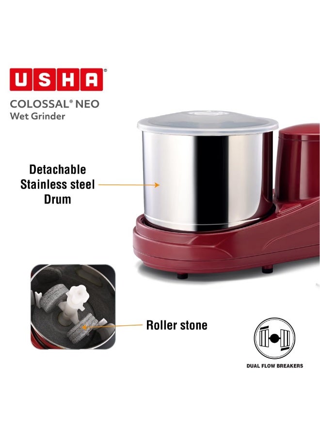 أوشا USHA Colossal Neo 2 litres Table-Top Wet Grinder, 150W 100% Copper Motor, Dual Stones, Stainless Steel Drum, 10 Years Warranty on Motor, Free Home Service (Cherry Red) - Image 2